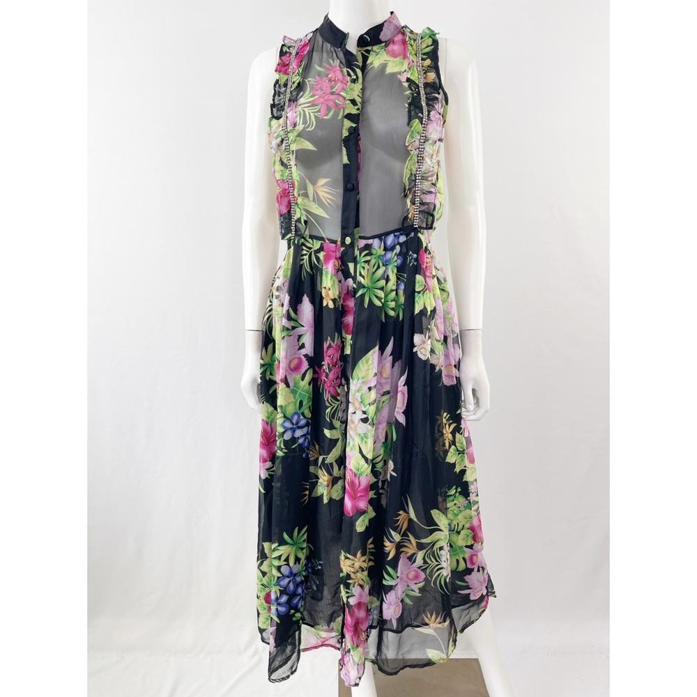 Dodo Bar Or Black Floral Maxi Dress Size 42 Tropical Rhinestone Formal Cocktail